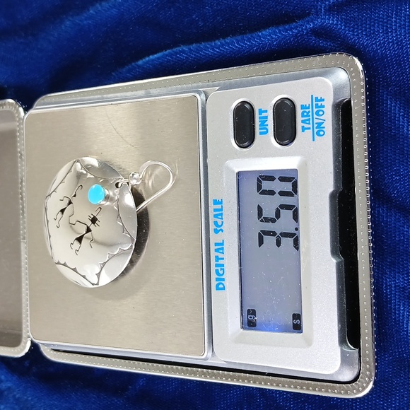 Native American Hook Earrings Sterling Silver Cut Out Figures and Turquoise - Picture 6 of 12